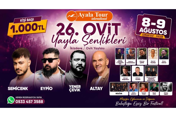 26. Ovit Yayla Şenlikleri 2026 afişi - Semicenk, Eypio, Yener Çevik, Altay ve diğer sanatçılar