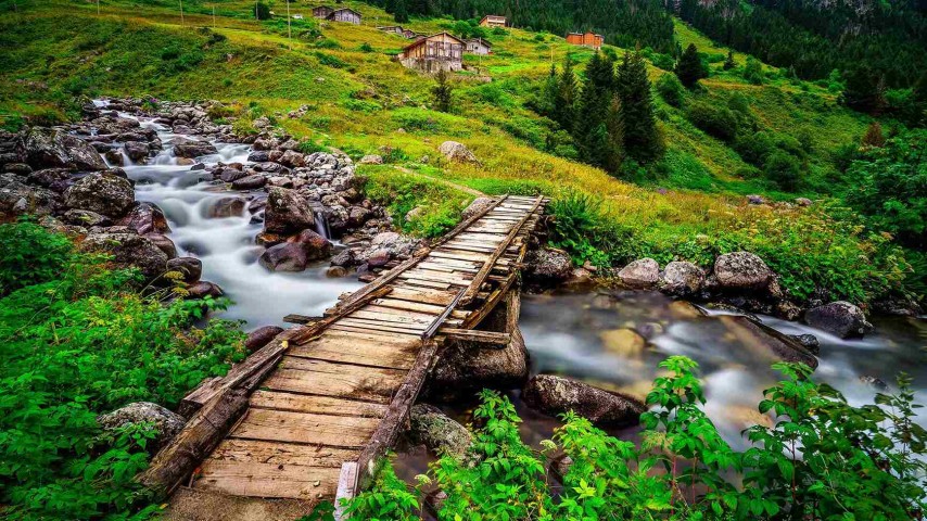 Ayder ve Elevit Yaylası Karadeniz doğası, yayla manzarası, ahşap evler ve sisli dağlar