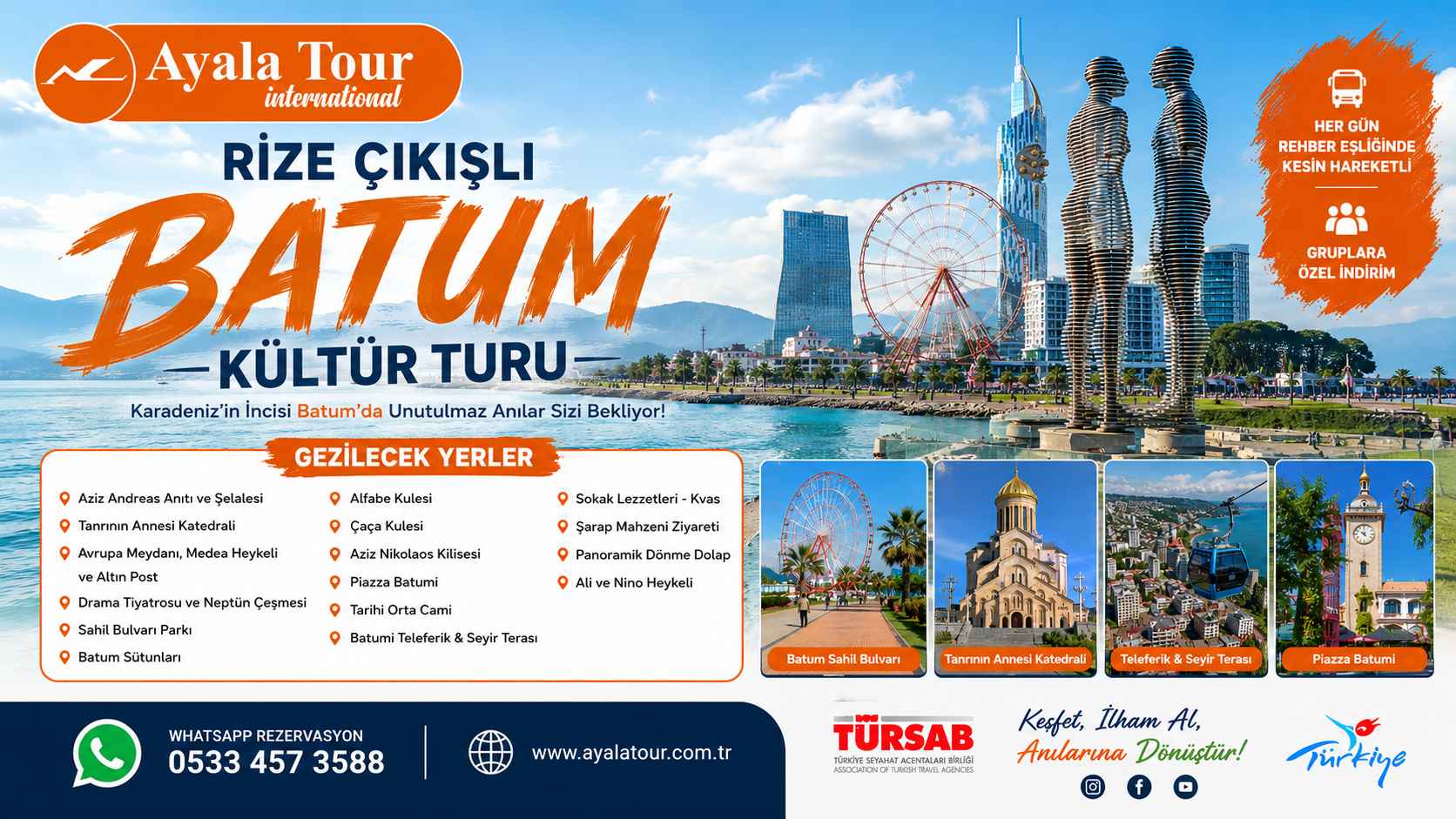 Rize çıkışlı Batum Turu kapsamında Ali ve Nino Heykeli, Batum Bulvarı ve Batum şehir manzarası